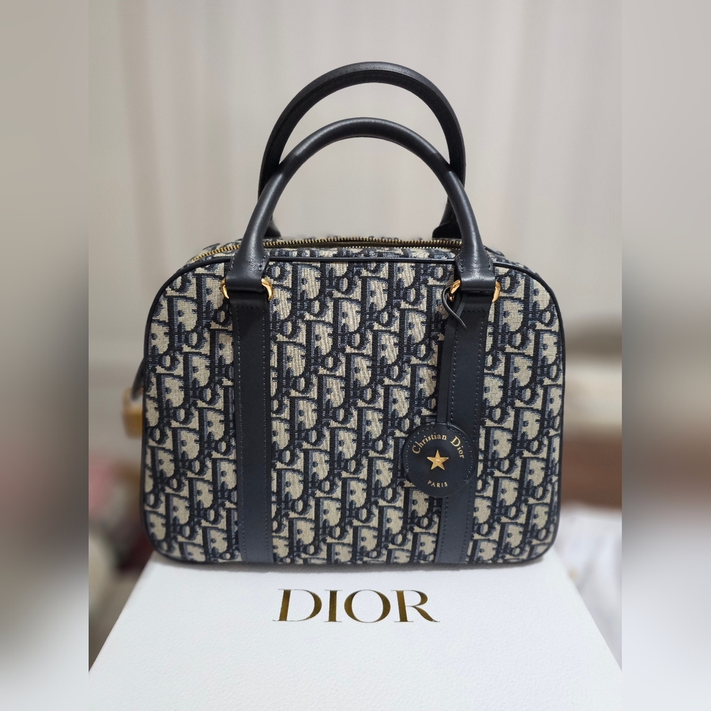 Dior Medium D-Vibe Bowling Bag Blue Dior Oblique Jacquard Canvas